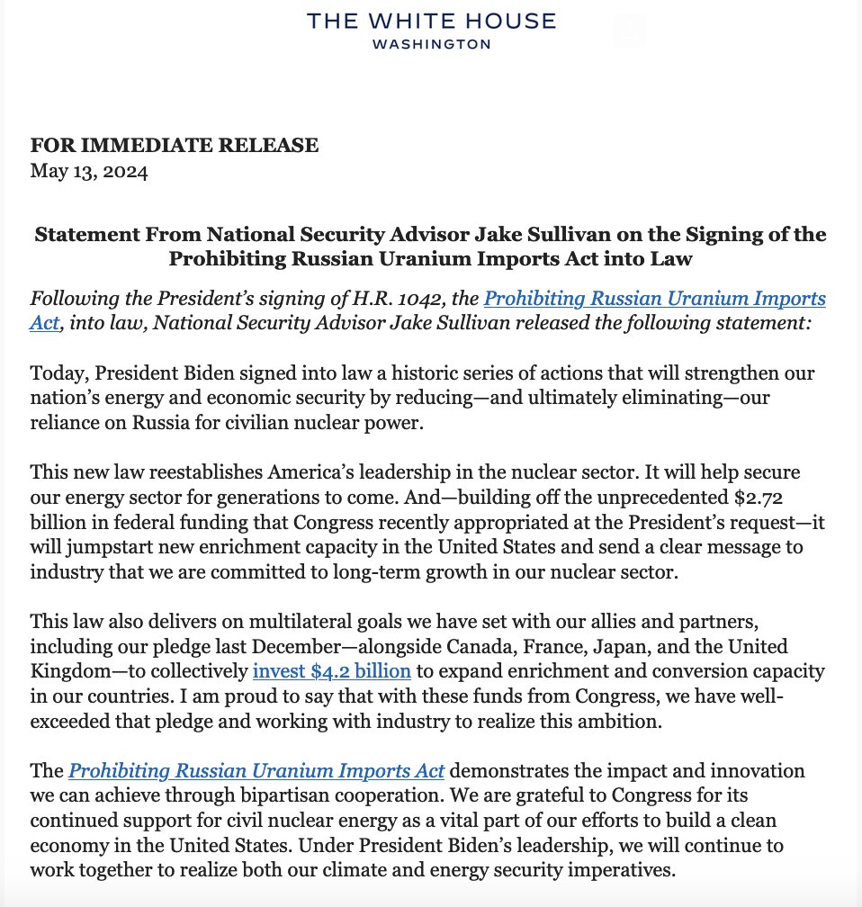 White House Statement on the Signing of the Prohibiting Russian Uranium Imports Act into Law
