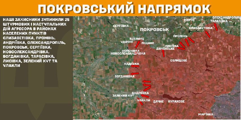 At Pokrovsk axis clashes yesterday near Yelyzavetivka, Promin, Andriyivka, Oleksandropil, Pokrovsk, Serhiyivka, Novooleksandrivka, Bohdanivka, Tarasivka, Lysivka, Zelenyy Kut and Ulakly, - General Staff of Armed Forces of Ukraine reports