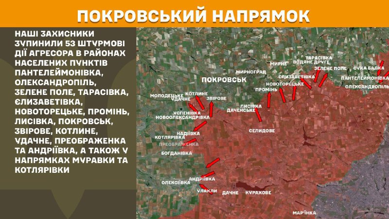 At Pokrovsk axis clashes yesterday near Panteleymonivka, Oleksandropil, Zelene Pole, Tarasivka, Yelyzavetivka, Novotoretske, Promin, Lysivka, Pokrovsk, Zvirove, Kotlyne, Udachne, Preobrazhenka and Andriyivka, also towards Muravka and Kotlyarivka, - General Staff of Armed Forces of Ukraine reports