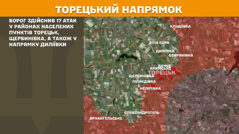 At Toretsk axis clashes yesterday near Toretsk, Scherbynivka, also towards Dyliyivka, - General Staff of Armed Forces of Ukraine reports