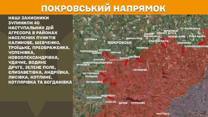 At Pokrovsk axis clashes yesterday near Kalynove, Shevchenko, Troyitske, Preobrazhenka, Uspenivka, Novooleksandrivka, Udachne, Vodyane Druhe, Zelene Pole, Yelyzavetivka, Andriyivka, Lysivka, Kotlyne, Kotlyarivka and Bohdanivka, - General Staff of Armed Forces of Ukraine reports