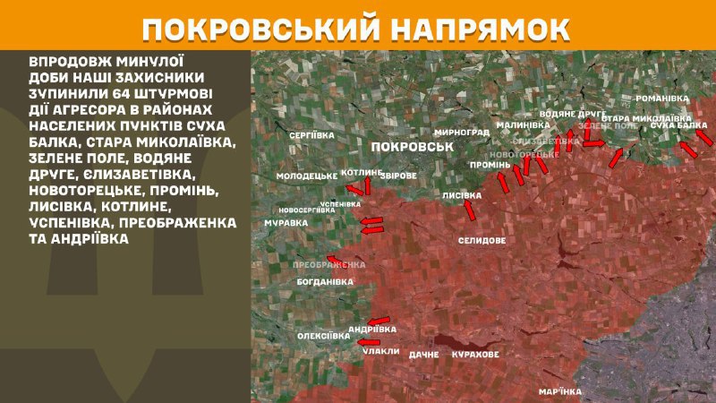 At Pokrovsk axis clashes yesterday near Sukha Balka, Stara Mykolayivka, Zelene Pole, Vodyane Druhe, Yelyzavetivka, Novotoretske, Promin, Lysivka, Kotlyne, Uspenivka, Preobrazhenka and Andriyivka, - General Staff of Armed Forces of Ukraine reports