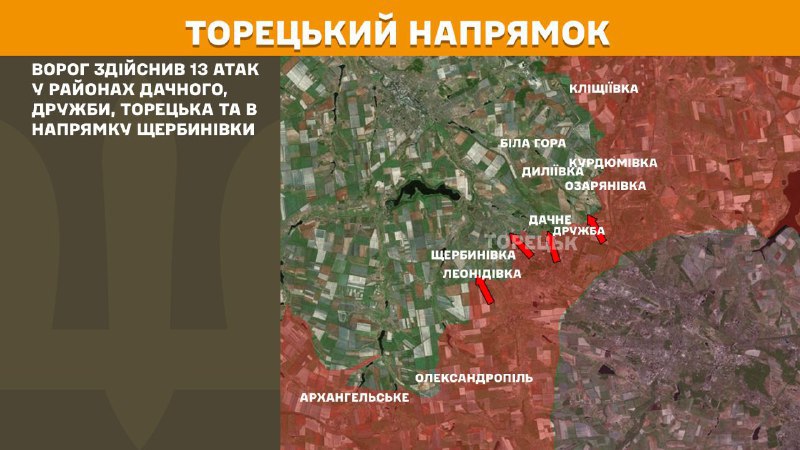 At Toretsk axis clashes yesterday near Dachne, Druzhba, Toretsk and towards Scherbynivka, - General Staff of Armed Forces of Ukraine reports