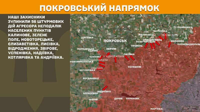 At Pokrovsk axis clashes yesterday near Kalynove, Zelene Pole, Novotoretske, Yelyzavetivka, Lysivka, Vidrodzhennya, Zvirove, Uspenivka, Nadiyivka, Kotlyarivka and Andriyivka, - General Staff of Armed Forces of Ukraine reports