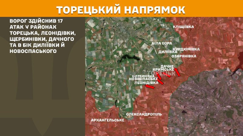 At Toretsk axis clashes yesterday near Toretsk, Leonidivka, Scherbynivka, Dachne and towards Dyliyivka and Novospaske, - General Staff of Armed Forces of Ukraine reports