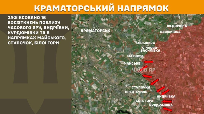 At Kramatorsk axis clashes yesterday near Chasiv Yar, Andriyivka, Kurdumivka and towards Mayske, Stupochky, Bila Hora, - General Staff of Armed Forces of Ukraine reports