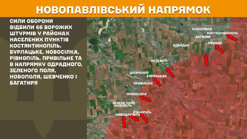 At Novopavlivka axis clashes yesterday near Kostyantynopil, Burlatske, Novosilka, Rivnopil, Pryvilne and towards Odradne, Zelene Pole, Novopil, Shevchenko and Bahatyr, - General Staff of Armed Forces of Ukraine reports