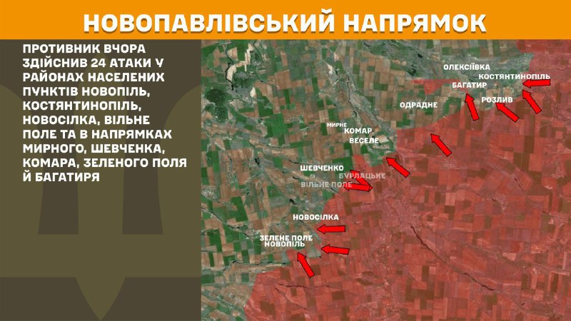 At Novopavlivka axis clashes yesterday near Novopil, Kostyantynopil, Novosilka, Vilne Pole and towards Myrne, Shevchenko, Komar, Zelene Pole and Bahatyr, - General Staff of Armed Forces of Ukraine reports