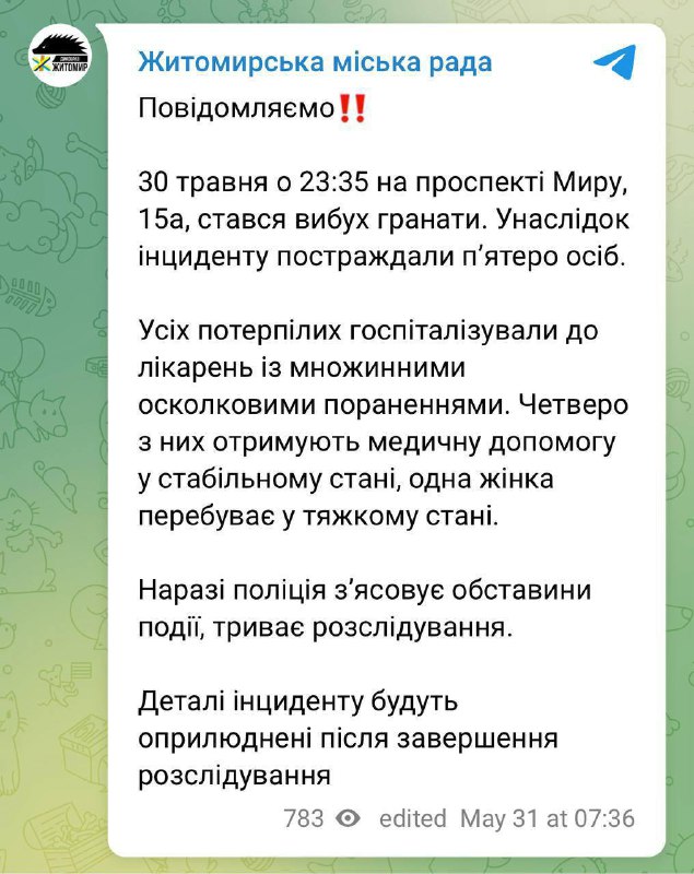 5 people wounded as result of grenade explosion in Zhytomyr yesterday evening