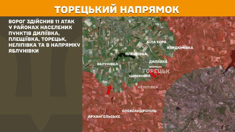 At Toretsk axis clashes yesterday near Dyliyivka, Pleschiyivka, Toretsk, Nelipivka and towards Yablunivka, - General Staff of Armed Forces of Ukraine reports