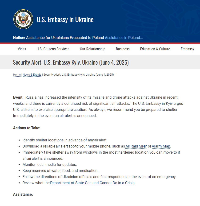 US Embassy in Kyiv issues a new security alert due to continued risk of significant air attacks by Russia on Ukraine