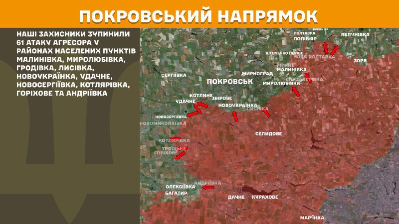 At Pokrovsk axis clashes yesterday near Malynivka, Myrolubivka, Hrodivka, Lysivka, Novoukrayinka, Udachne, Novoserhiyivka, Kotlyarivka, Horikhove and Andriyivka, - General Staff of Armed Forces of Ukraine reports