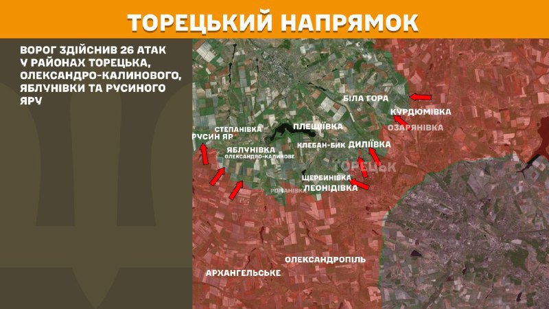 At Toretsk axis clashes yesterday near Toretsk, Oleksandro-Kalynove, Yablunivka and Rusyn Yar, - General Staff of Armed Forces of Ukraine reports