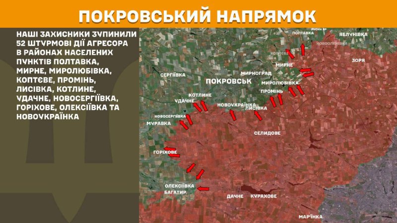 At Pokrovsk direction clashes yesterday near Poltavka, Myrne, Myrolubivka, Koptyeve, Promin, Lysivka, Kotlyne, Udachne, Novoserhiyivka, Horikhove, Oleksiyivka and Novoukrayinka, - General Staff of Armed Forces of Ukraine reports