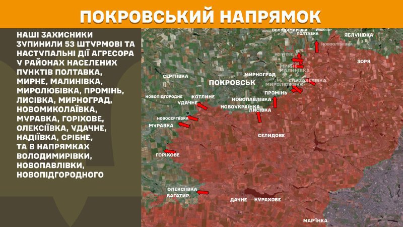 At Pokrovsk direction clashes yesterday near Poltavka, Myrne, Malynivka, Myrolubivka, Promin, Lysivka, Myrnohrad, Novomykolayivka, Muravka, Horikhove, Oleksiyivka, Udachne, Nadiyivka, Sribne, and towards Volodymyrivka, Novopavlivka, Novopidhorodne, - General Staff of Armed Forces of Ukraine reports