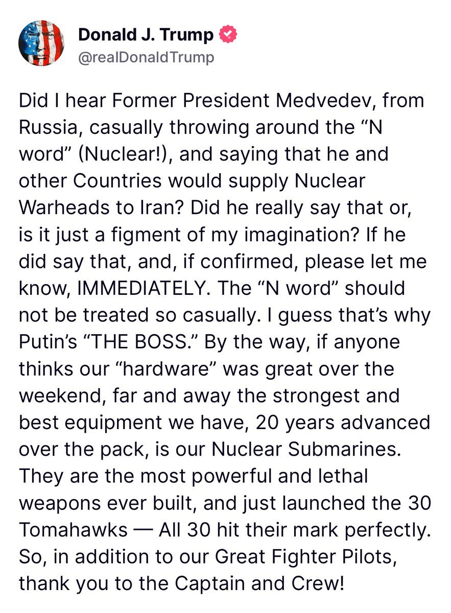 Trump responding to Former Russian President Medvedev: The world Nuclear must not be used casually