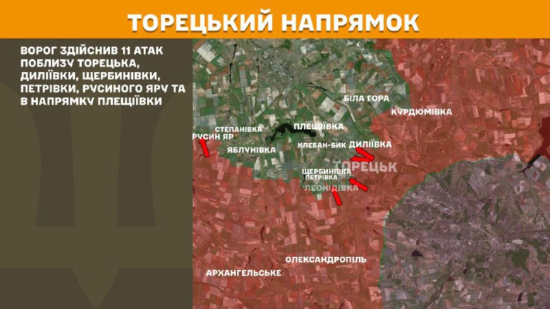 At Toretsk direction clashes yesterday near Toretsk, Dyliyivka, Scherbynivka, Petrivka, Rusyn Yar and towards Pleschiyivka, - General Staff of Armed Forces of Ukraine reports