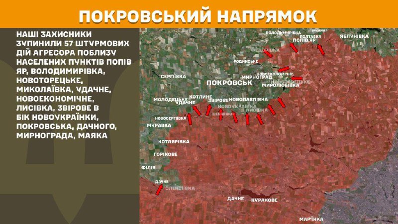 At Pokrovsk direction clashes yesterday near Popiv Yar, Volodymyrivka, Novotoretske, Mykolayivka, Udachne, Novoekonomichne, Lysivka, Zvirove towards Novoukrayinka, Pokrovsk, Dachne, Myrnohrad, Mayak, - General Staff of Armed Forces of Ukraine reports