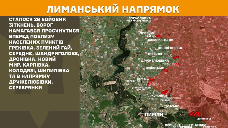 At Lyman direction clashes yesterday near Hrekivka, Zelenyy Hay, Serednye, Shandryholove, Dronivka, Novyy Myr, Karpivka, Kolodyazi, Shypylivka and towards Druzhelubivka, Serebryanka, - General Staff of Armed Forces of Ukraine reports