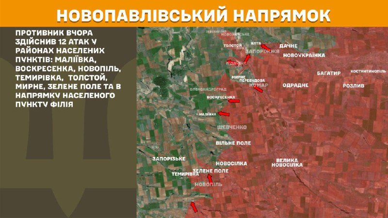 At Novopavlivka direction clashes yesterday near Maliyivka, Voskresenka, Novopil, Temyrivka, Tolstoy, Myrne, Zelene Pole and towards Filiya, - General Staff of Armed Forces of Ukraine reports