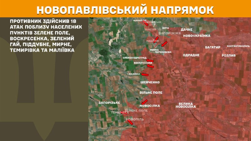 At Novopavlivka direction clashes yesterday near Zelene Pole, Voskresenka, Zelenyy Hay, Piddubne, Myrne, Temyrivka and Maliyivka, - General Staff of Armed Forces of Ukraine reports
