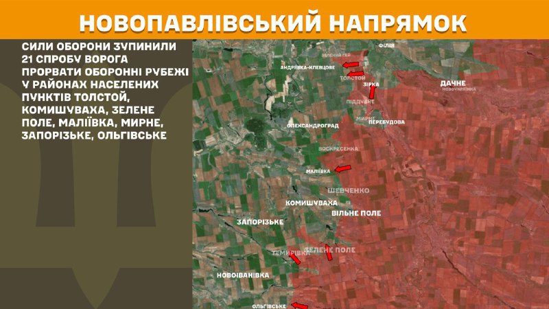 At Novopavlivka direction clashes yesterday near Tolstoy, Komyshuvakha, Zelene Pole, Maliyivka, Myrne, Zaporizke, Olhivske, - General Staff of Armed Forces of Ukraine reports