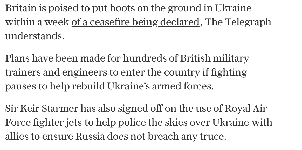 Britain is set to station hundreds of British military trainers and engineers on the ground in Ukraine within a week of a ceasefire. Prime Minister Starmed has also approved the use of Royal Air Force fighter jets to help police Ukrainian skies