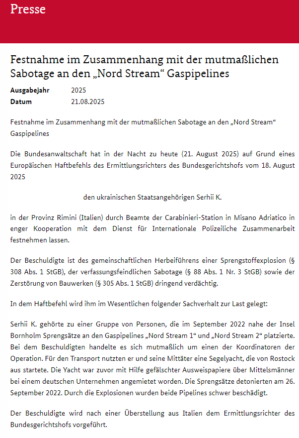German prosecutors say a Ukrainian man was arrested in Italy on Monday, accused of being part of the group that bombed the Nord Stream undersea gas pipelines in 2022. The man, Serhii K., was allegedly one of the coordinators of the operation. He'll be extradited to Germany