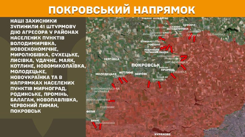 At Pokrovsk direction clashes yesterday near Volodymyrivka, Novoekonomichne, Myrolubivka, Sukhetske, Lysivka, Udachne, Mayak, Kotlyne, Novomykolayivka, Molodetske, Novoukrayinka and towards towns Myrnohrad, Rodynske, Promin, Balahan, Novopavlivka, Chervonyy Lyman, Pokrovsk, - General Staff of Armed Forces of Ukraine reports