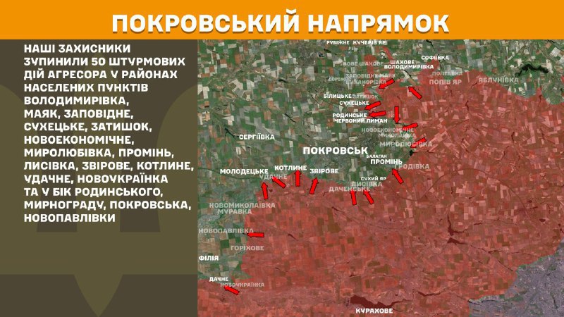 At Pokrovsk direction clashes yesterday near Volodymyrivka, Mayak, Zapovidne, Sukhetske, Zatyshok, Novoekonomichne, Myrolubivka, Promin, Lysivka, Zvirove, Kotlyne, Udachne, Novoukrayinka and towards Rodynske, Myrnohrad, Pokrovsk, Novopavlivka, - General Staff of Armed Forces of Ukraine reports