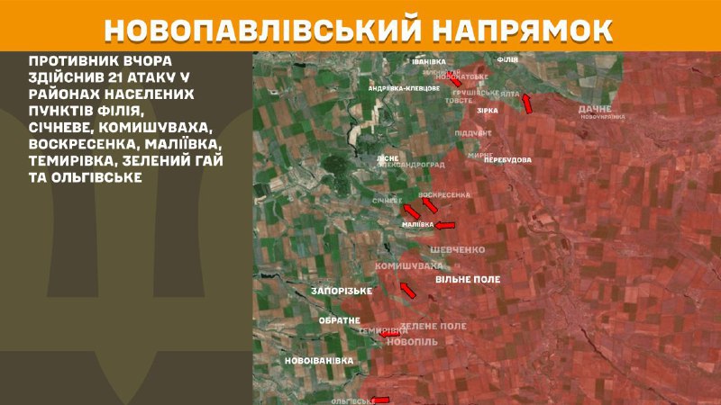 At Novopavlivka direction clashes yesterday near Filiya, Sichneve, Komyshuvakha, Voskresenka, Maliyivka, Temyrivka, Zelenyy Hay and Olhivske, - General Staff of Armed Forces of Ukraine reports