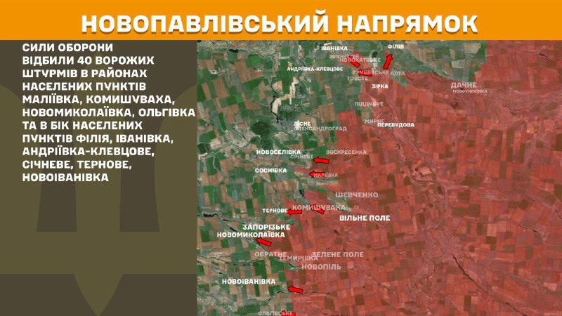 At Novopavlivka direction clashes yesterday near Maliyivka, Komyshuvakha, Novomykolayivka, Olhivka and towards Filiya, Ivanivka, Andriyivka-Klevtsove, Sichneve, Ternove, Novoivanivka, - General Staff of Armed Forces of Ukraine reports