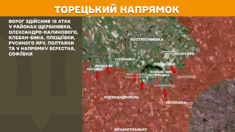 At Toretsk direction clashes yesterday near Scherbynivka, Oleksandro-Kalynove, Kleban-Byk, Pleschiyivka, Rusyn Yar, Poltavka and towards Berestok, Sofiyivka, - General Staff of Armed Forces of Ukraine reports