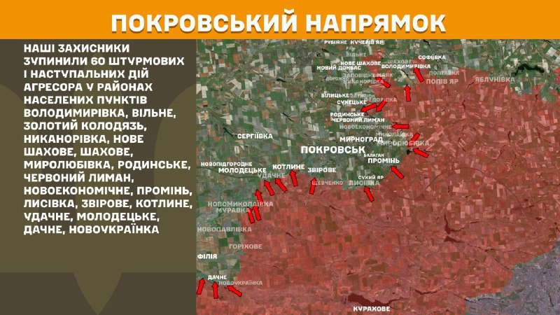 At Pokrovsk direction clashes yesterday near Volodymyrivka, Vilne, Zolotyy Kolodyaz, Nykanorivka, Nove Shakhove, Shakhove, Myrolubivka, Rodynske, Chervonyy Lyman, Novoekonomichne, Promin, Lysivka, Zvirove, Kotlyne, Udachne, Molodetske, Dachne, Novoukrayinka, - General Staff of Armed Forces of Ukraine reports