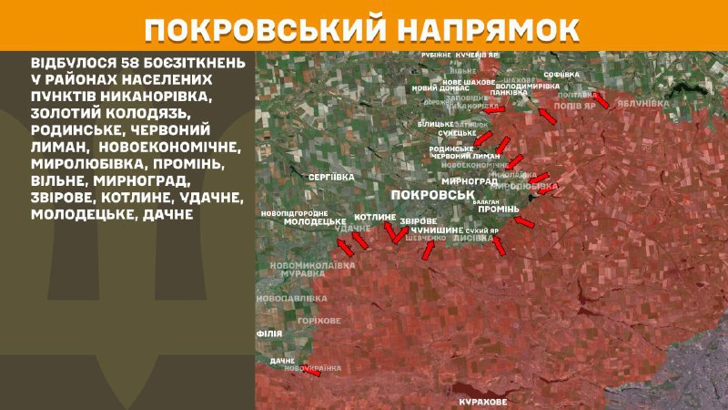 At Pokrovsk direction clashes yesterday near Nykanorivka, Zolotyy Kolodyaz, Rodynske, Chervonyy Lyman, Novoekonomichne, Myrolubivka, Promin, Vilne, Myrnohrad, Zvirove, Kotlyne, Udachne, Molodetske, Dachne, - General Staff of Armed Forces of Ukraine reports