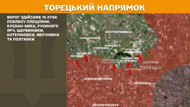 At Toretsk direction clashes yesterday near Pleschiyivka, Kleban-Byk, Rusyn Yar, Scherbynivka, Katerynivka, Yablunivka and Poltavka, - General Staff of Armed Forces of Ukraine reports