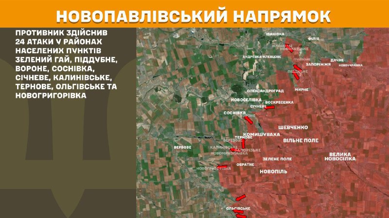 At Novopavlivka direction clashes yesterday near Zelenyy Hay, Piddubne, Vorone, Sosnivka, Sichneve, Kalynivske, Ternove, Olhivske and Novohryhorivka, - General Staff of Armed Forces of Ukraine reports