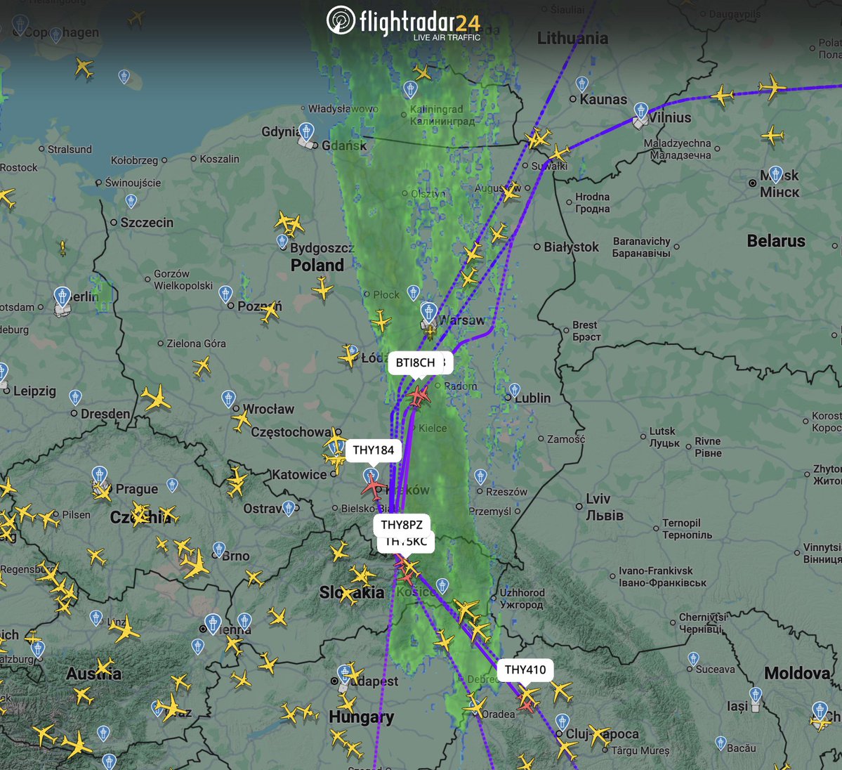 Commercial flights flying the now usual alternate routing through Poland when the Lublin and Rzeszów TMA/CMA are closed, though the standard NOTAMs have not yet been published