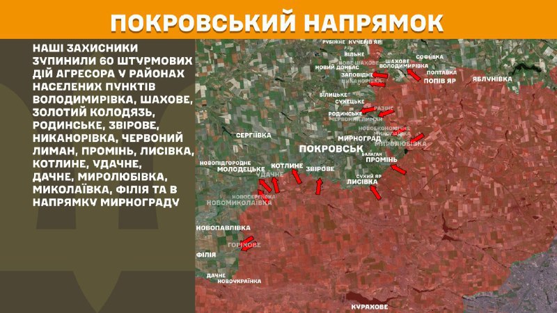 At Pokrovsk direction clashes yesterday near Volodymyrivka, Shakhove, Zolotyy Kolodyaz, Rodynske, Zvirove, Nykanorivka, Chervonyy Lyman, Promin, Lysivka, Kotlyne, Udachne, Dachne, Myrolubivka, Mykolayivka, Filiya and towards Myrnohrad, - General Staff of Armed Forces of Ukraine reports