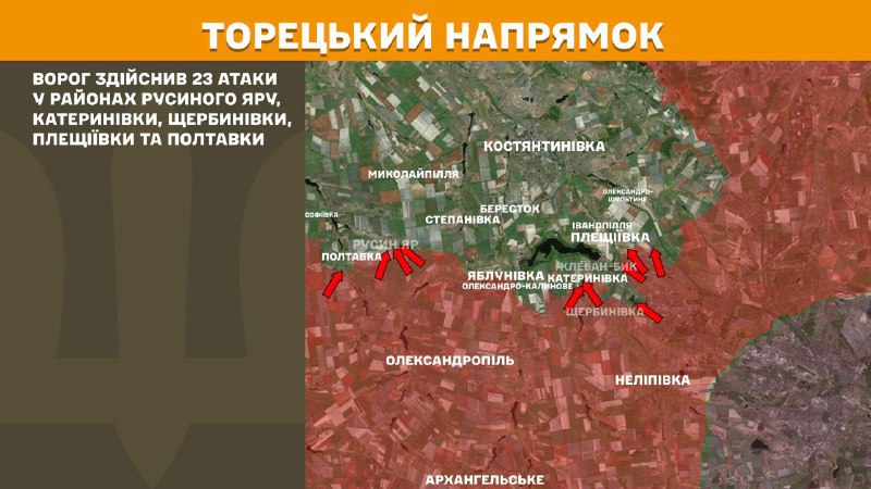 At Toretsk direction clashes yesterday near Rusyn Yar, Katerynivka, Scherbynivka, Pleschiyivka and Poltavka, - General Staff of Armed Forces of Ukraine reports