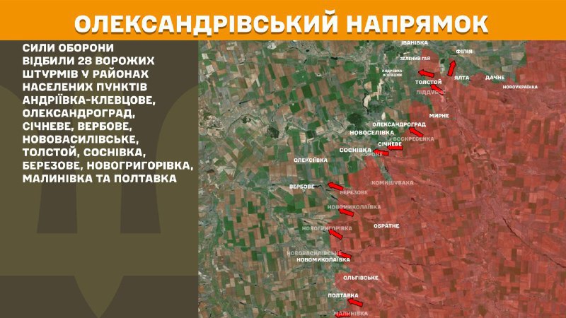 At Oleksandrivka direction clashes yesterday near Andriyivka-Klevtsove, Oleksandrohrad, Sichneve, Verbove, Novovasylivske, Tolstoy, Sosnivka, Berezove, Novohryhorivka, Malynivka and Poltavka, - General Staff of Armed Forces of Ukraine reports