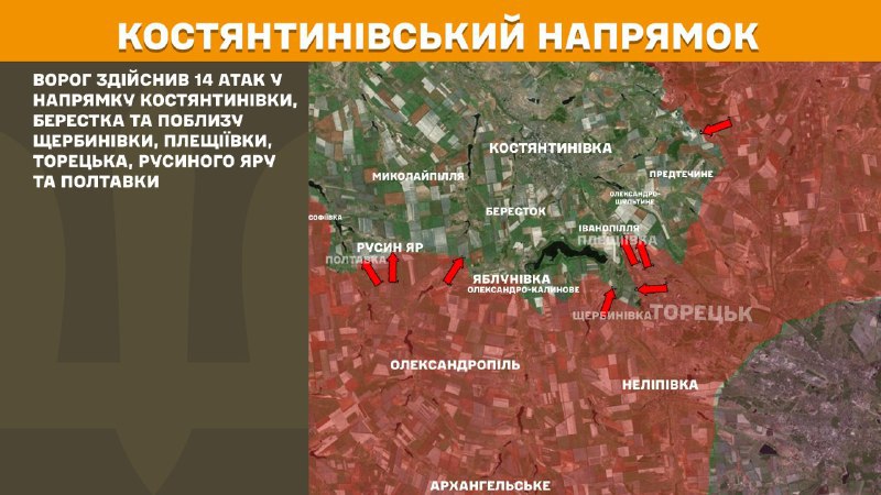 At Kostiantynivka direction clashes yesterday near Kostyantynivka, Berestok and near Scherbynivka, Pleschiyivka, Toretsk, Rusyn Yar and Poltavka, - General Staff of Armed Forces of Ukraine reports