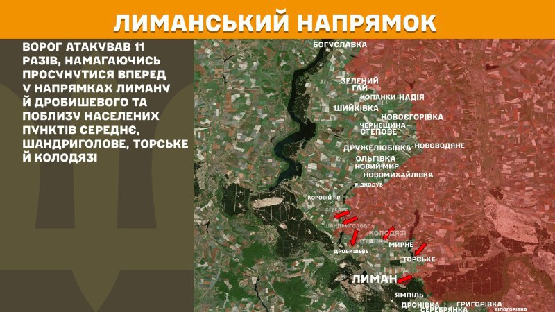 At Lyman direction clashes yesterday near Lyman and Drobysheve and near towns Serednye, Shandryholove, Torske and Kolodyazi, - General Staff of Armed Forces of Ukraine reports