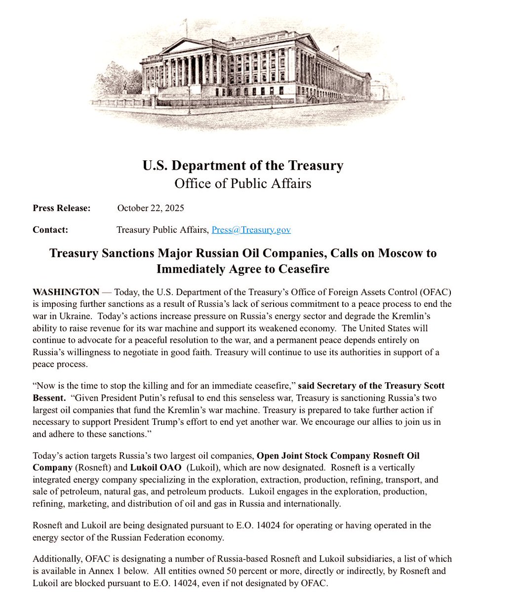 Trump Admin Announces Its First  Russia Sanctions Targeting Major Oil Companies, Calls on Moscow to Immediately Agree to Ceasefire