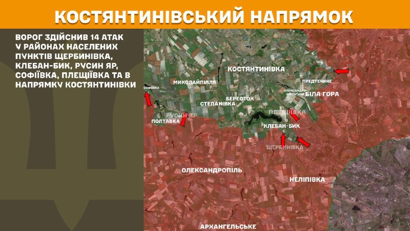 At Kostiantynivka direction clashes yesterday near Scherbynivka, Kleban-Byk, Rusyn Yar, Sofiyivka, Pleschiyivka and towards Kostyantynivka, - General Staff of Armed Forces of Ukraine reports