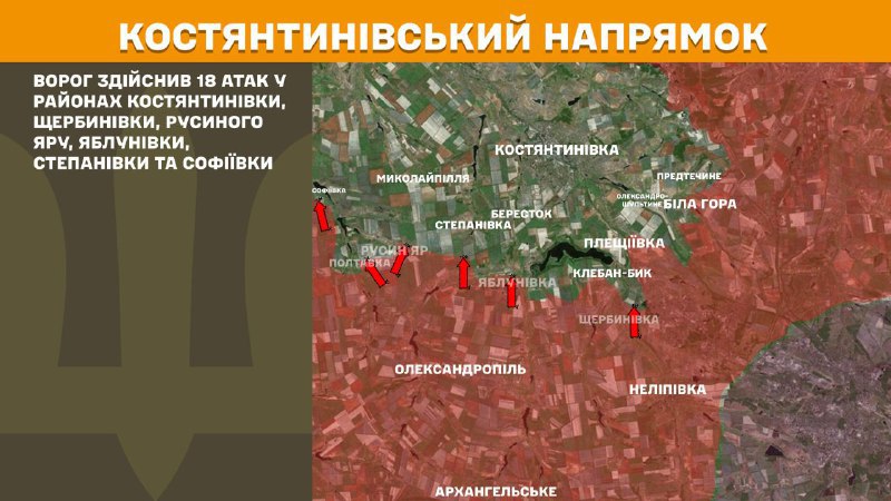 At Kostiantynivka direction clashes yesterday near Kostyantynivka, Scherbynivka, Rusyn Yar, Yablunivka, Stepanivka and Sofiyivka, - General Staff of Armed Forces of Ukraine reports