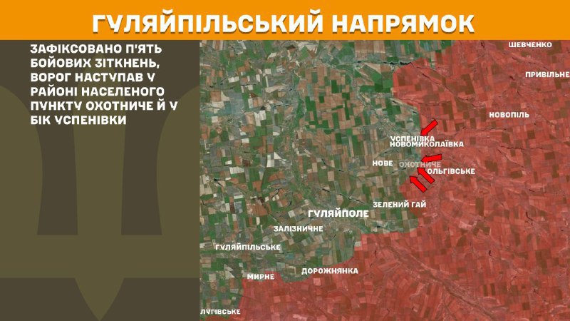 At Huliaipole direction clashes yesterday near Okhotnyche and towards Uspenivka, - General Staff of Armed Forces of Ukraine reports