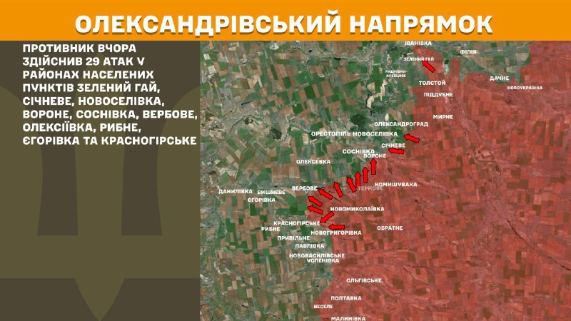 At Oleksandrivka direction clashes yesterday near Zelenyy Hay, Sichneve, Novoselivka, Vorone, Sosnivka, Verbove, Oleksiyivka, Rybne, Yehorivka and Krasnohirske, - General Staff of Armed Forces of Ukraine reports