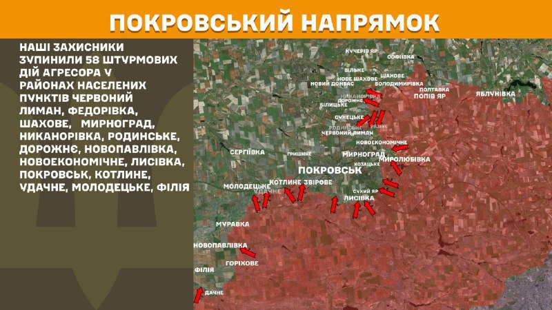 At Pokrovsk direction clashes yesterday near Chervonyy Lyman, Fedorivka, Shakhove, Myrnohrad, Nykanorivka, Rodynske, Dorozhnye, Novopavlivka, Novoekonomichne, Lysivka, Pokrovsk, Kotlyne, Udachne, Molodetske, Filiya, - General Staff of Armed Forces of Ukraine reports