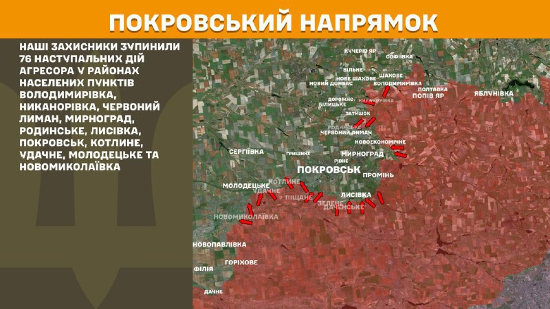 At Pokrovsk direction clashes yesterday near Volodymyrivka, Nykanorivka, Chervonyy Lyman, Myrnohrad, Rodynske, Lysivka, Pokrovsk, Kotlyne, Udachne, Molodetske and Novomykolayivka, - General Staff of Armed Forces of Ukraine reports